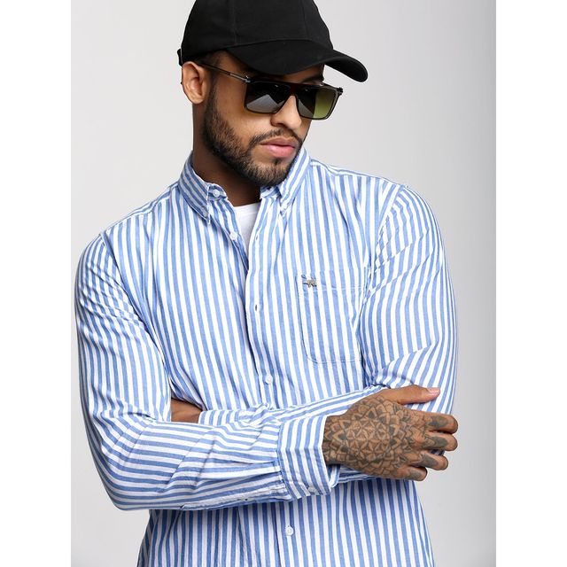 The Bear House Men Slim Fit Striped Casual Shirt - Anise | Blue | S