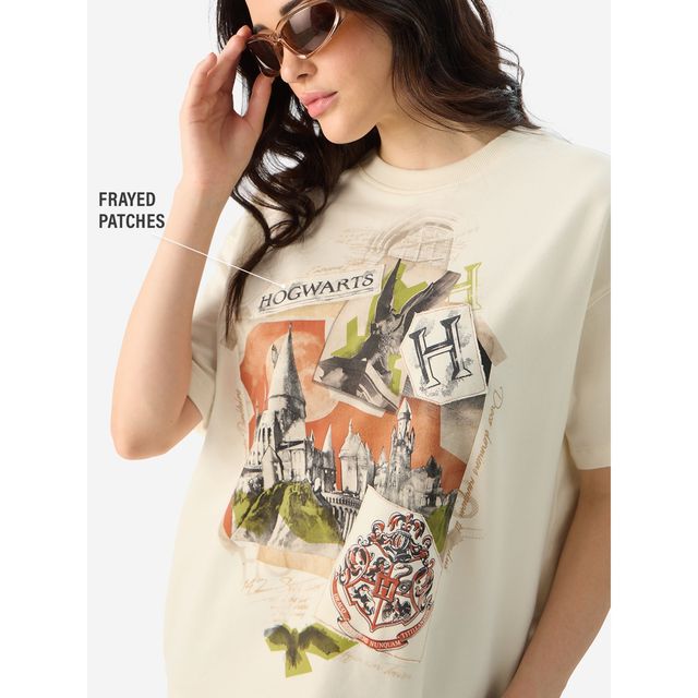 The Souled Store Women's Harry Potter Hogwarts Oversized T-shirt | Cream - XL