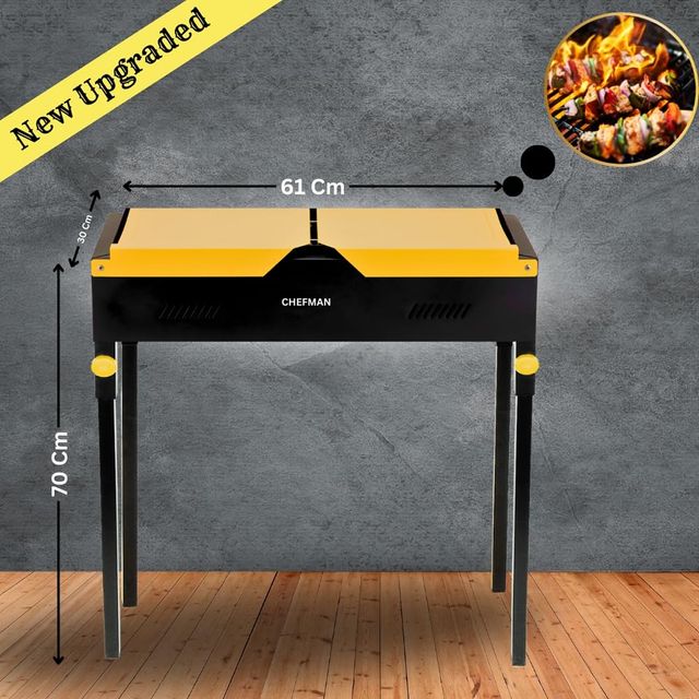 Chefman Flip Charcoal BBQ Grill | 8 Skewers | Adjustable Legs | Side Open | Black and Yellow