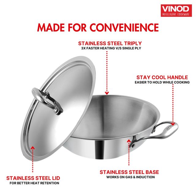 Vinod Platinum Triply Stainless Steel Kadai With Lid- 24 Cm, 2.5 L (Induction Friendly)