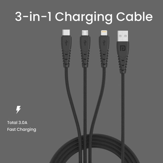 Portronics Konnect A Trio 3-In-1 USB Cable - Black | Braided and High-Speed | Fast Charging
