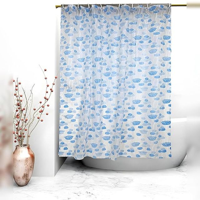 Kuber Industries PVC Floral Shower Curtain with Hooks | Size Standard (Blue) | Washable | Pack of 1