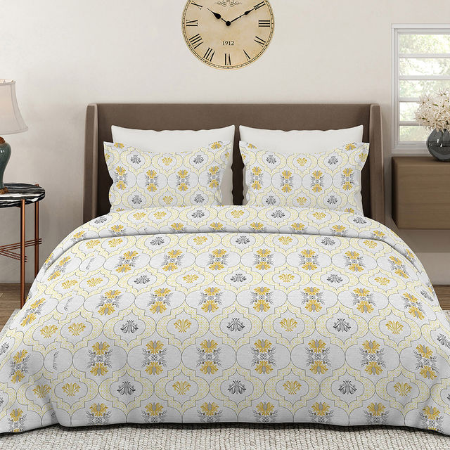 Layers Aura 110 GSM Yellow & White Double Bedsheet with 2 Pillow Covers