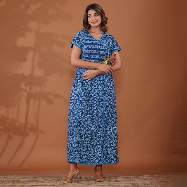 Nihsamah Women's Cotton Premium Angrakha Nighty | Full Length | Blue - XL