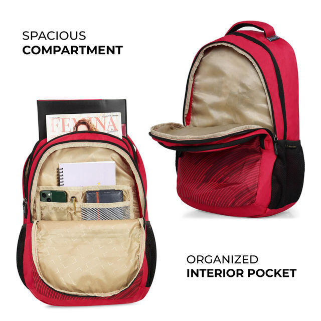 Nasher Miles Wave Backpack- Unisex- 3 Compartment Casual College Bag- Red- 45L