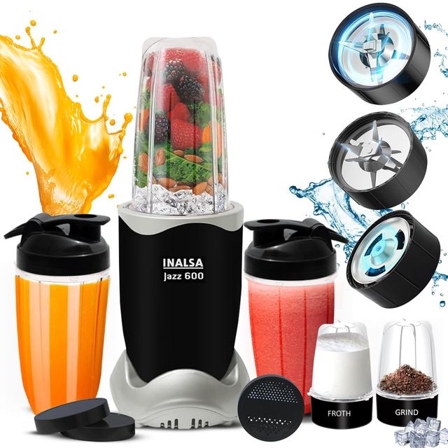 Inalsa Nutri Blender | Mixer Grinder Jazz 600 | 600W | 5 Jar,3 Blades& Froth Blade - Black & Silver