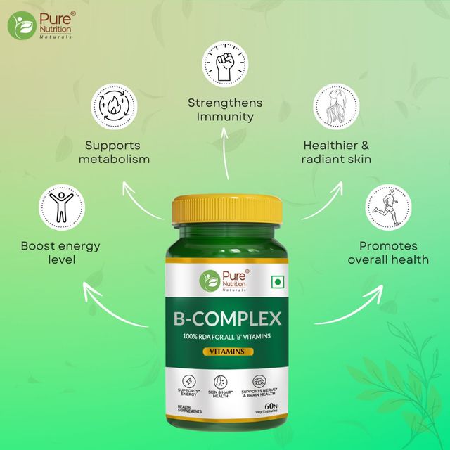 Pure Nutrition Vitamin B-Complex Tablets - 60 VEG Caps with B1 B2 B3 B5 B6 & B9