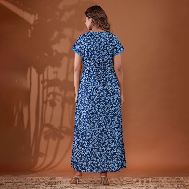 Nihsamah Women's Cotton Premium Angrakha Nighty | Full Length | Blue - XL