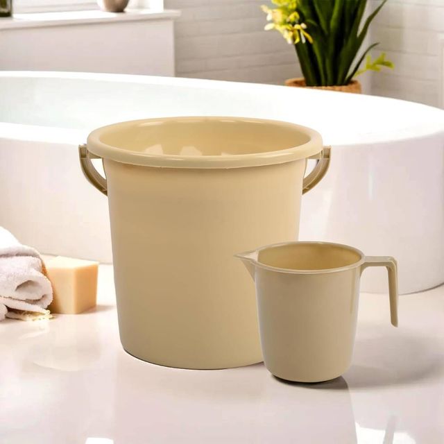 Kuber Industries Bucket & Mug Bathroom Combo Set|Set of 2|Beige
