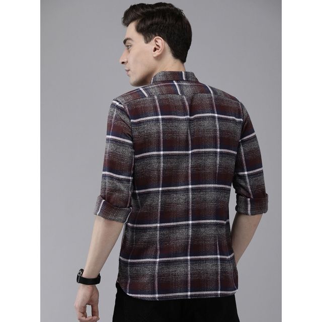 The Bear House Men Slim Fit Checked Shirt - Albion | Grey and Maroon | XL