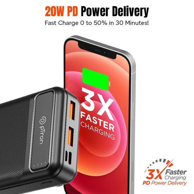 pTron Dynamo Spark 10000Mah 22.5W Nano Power Bank | 20W Pd Fast Charging | 3 Output/2 Input Ports - Black