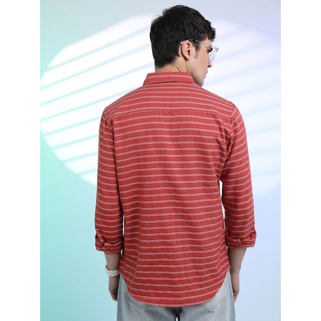 Ketch Men Slim Fit Striped Cut Away Collar Casual Shirt | Pink | L