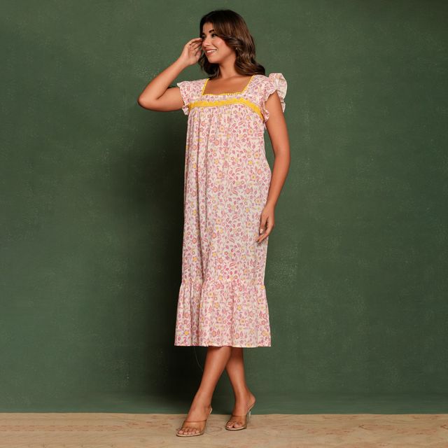 Nihsamah Women's Cotton Floral Printed Midi Frock Nighty | Midi Length | Off White - XL