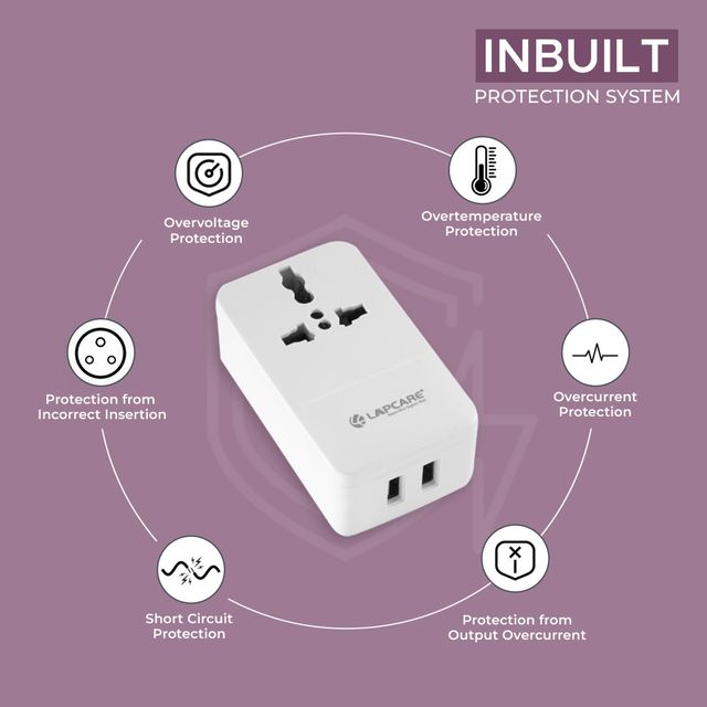 Lapcare Dual USB Adapter with 1 AC Power Socket | Multiport Travel Charger for Smartphones