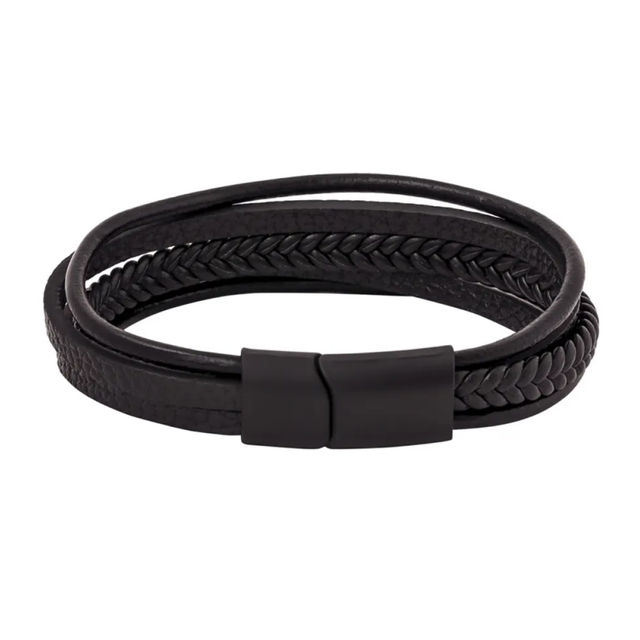 Yellow Chimes Black Leather Magnetic-Clasp Bracelet for Men