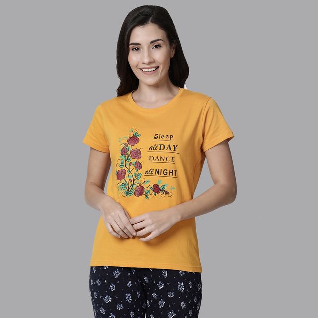 Kryptic Women's Printed Cotton Lounge T-shirt | Mustard - M