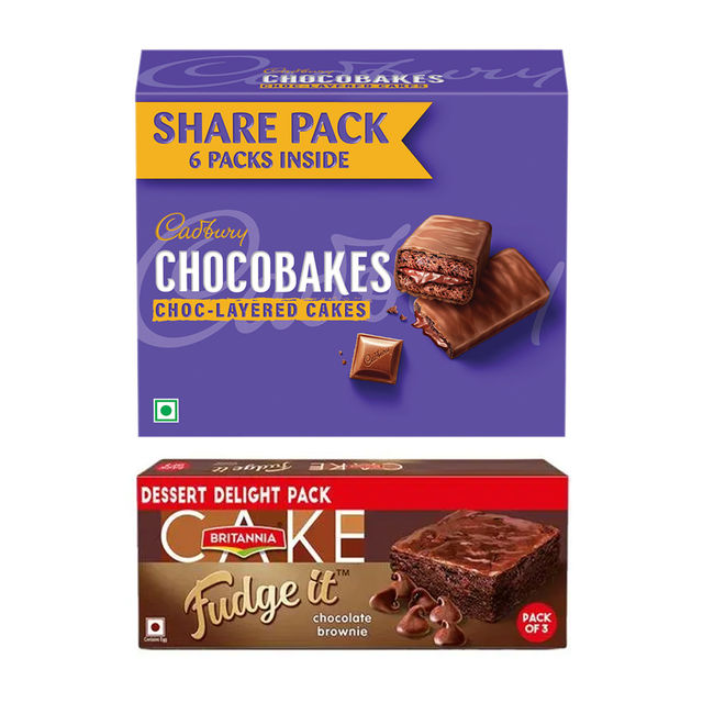 Cadbury Chocobakes Choclayered Cakes (114g) & Britannia Fudge It Chocolate Brownie (With Egg) (120g) Combo