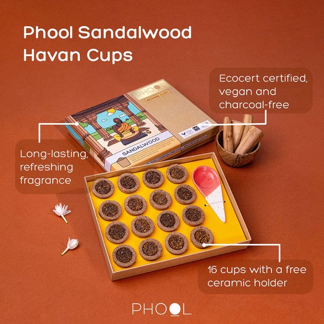 Phool Sandalwood Sambrani Havan Cups 100% Natural Certified Dhoop Cups 16 Cups + Holder