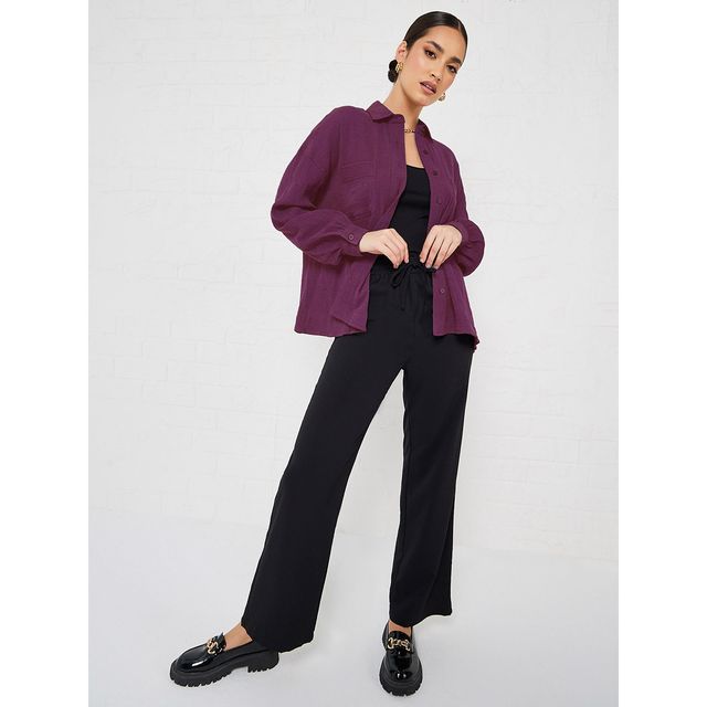 Styli Women's Oversized Shirt with Crepe Fabric, Drop Shoulder and Patch Pocket | Purple - XXL