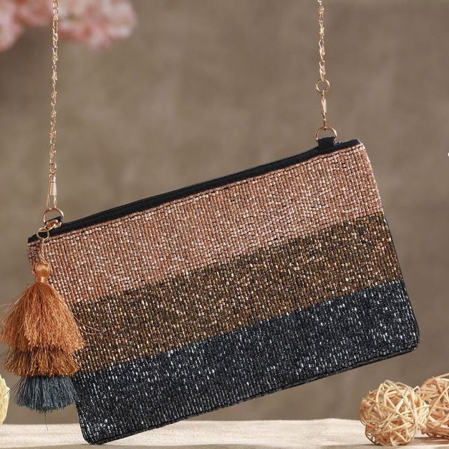 Priyaasi Women's Embellished Fabric 500 ml Zipper Pouch | Black and Metallic - Free Size