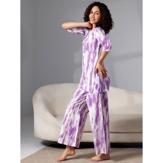 Libas Abstract Printed Women's Kurti With Printed Pyjamas | Purple White | XL