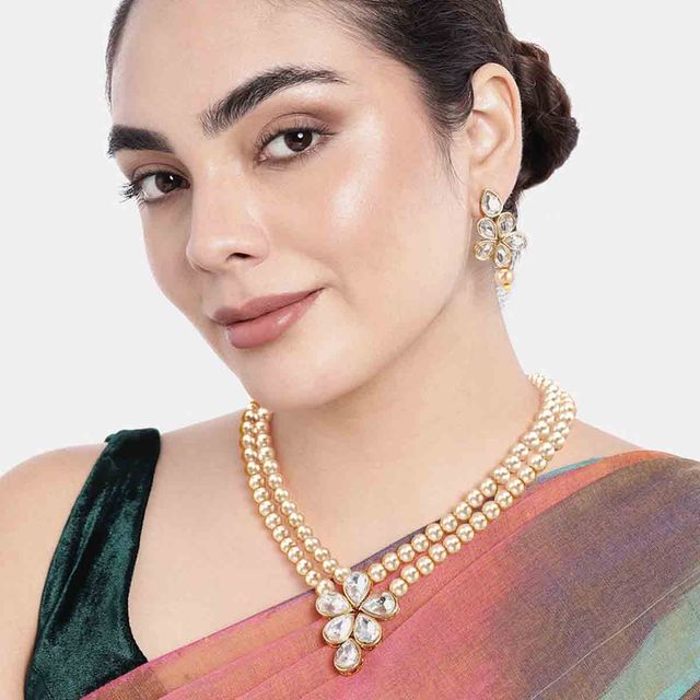 Peora Traditional Beads Kundan Layered Long Necklace & Drop Earring Ethnic Set Gift for Women