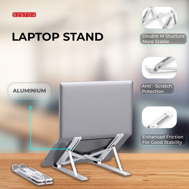 Bestor Foldable Laptop Stand Silver, Adjustable Aluminum Cooling Table
