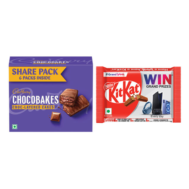 Cadbury Chocobakes Choclayered Cakes (114g) & Nestle Kitkat 4 Fingers Choco Coated Wafer Bar (38.5g) Combo