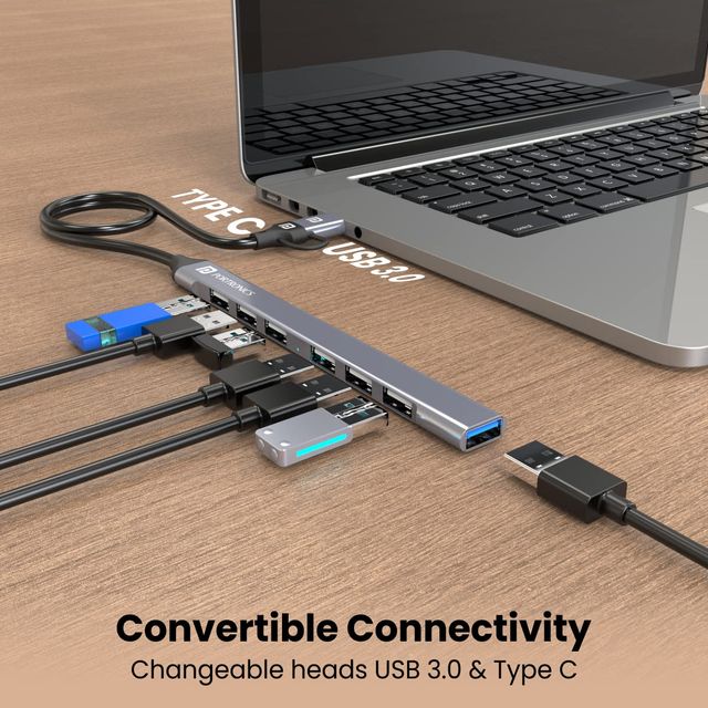 Portronics Mport 7 USB Hub (7-in-1), Multiport Adapter with Dual Convertible USB Type C Heads Grey