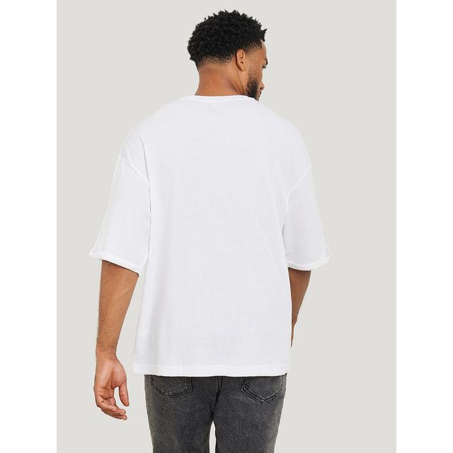 Styli Men's Waffle Knit Oversized T-shirt with Turn Up Sleeve | White - XL