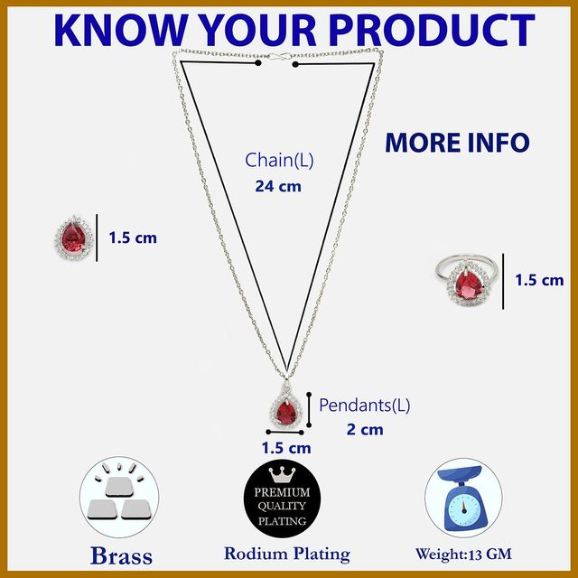 Zeneme Rhodium-Plated Red American Diamond Necklace and Earrings With Ring For Women & Girls