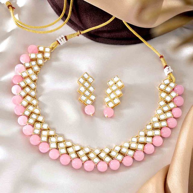 Peora Gold Plated Kundan Pearl Bridal Choker Necklace Jewellery Set With Dangle Earrings For Women
