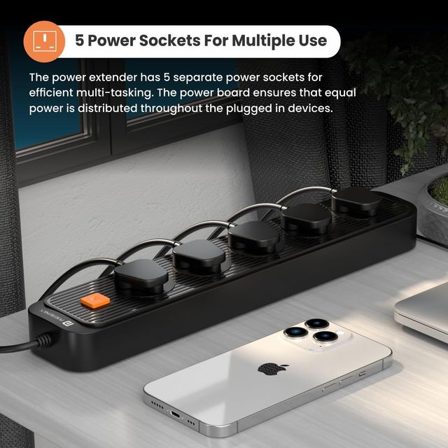 Portronics Power Plate 13 Multiplug Extension Board 5 Power Sockets, 1500W,2M Cord Length Black