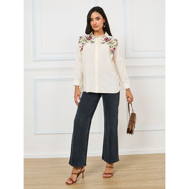 Styli Women's Regular Fit Shirt with Extended Shoulder | Off White - S