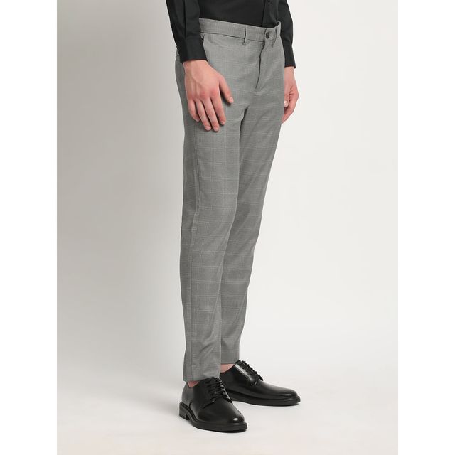 The Bear House Men Slim Fit Checked Polyester Blend Formal Trouser - Caneel | Grey | 30