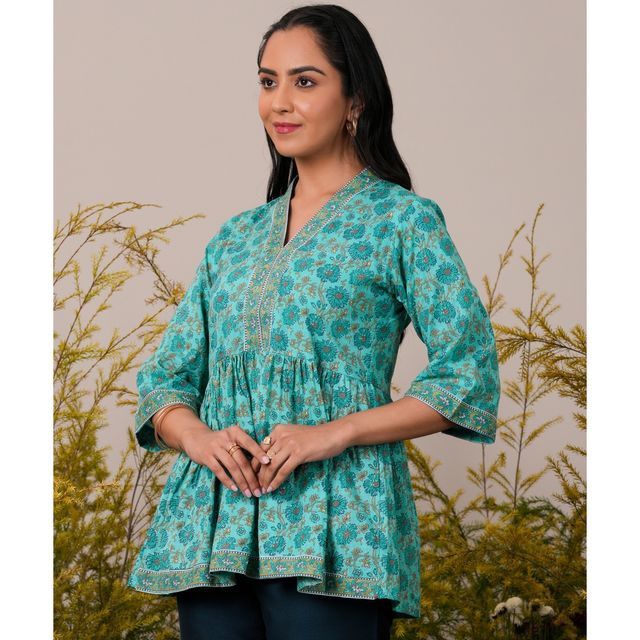 Libas Turquoise Cotton Floral Printed a | Line Kurti | Turquoise Blue | S