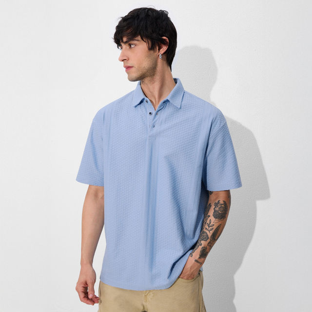 Buy The Souled Store Men's Textured Polo Aqua Oversized Polo