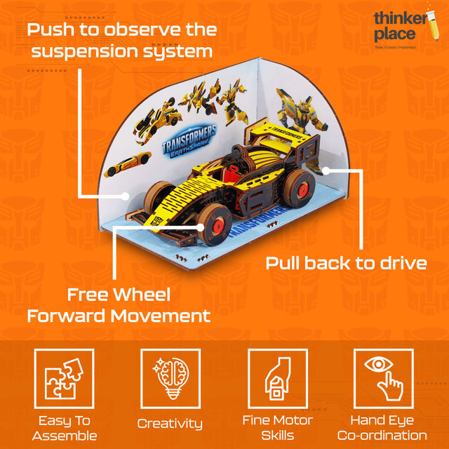 ThinkerPlace Transformers Bumblebee Racing Kit | Build, Learn & Play with Pull-Back Car (Age 8+)