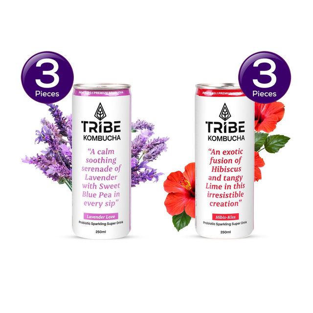 Tribe Naturally Sparkling Probiotic Green Tea With Blue Pea & Lavender Kombucha () & Tribe Naturally Sparkling Probiotic Herbal Green Tea With Hibiscus & Lemon Kombucha () Combo 