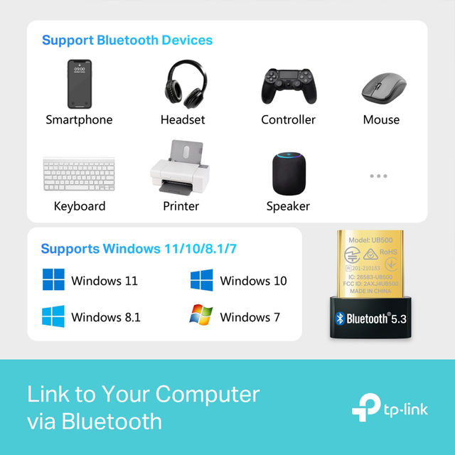 TP-Link UB500 Bluetooth 5.3 Nano USB Adapter ,Dongle Receiver Supports Windows - Black