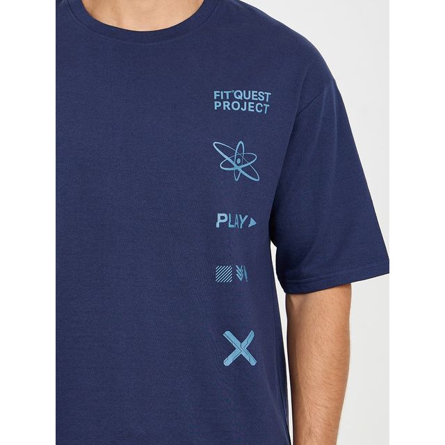 Styli Men's Oversized Athleisure T-shirt with Slogan Print | Navy Blue - XL