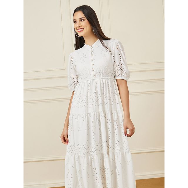 Styli Women's Tiered Midi Dress with Collared Neck and Self Design | Off White - XXL