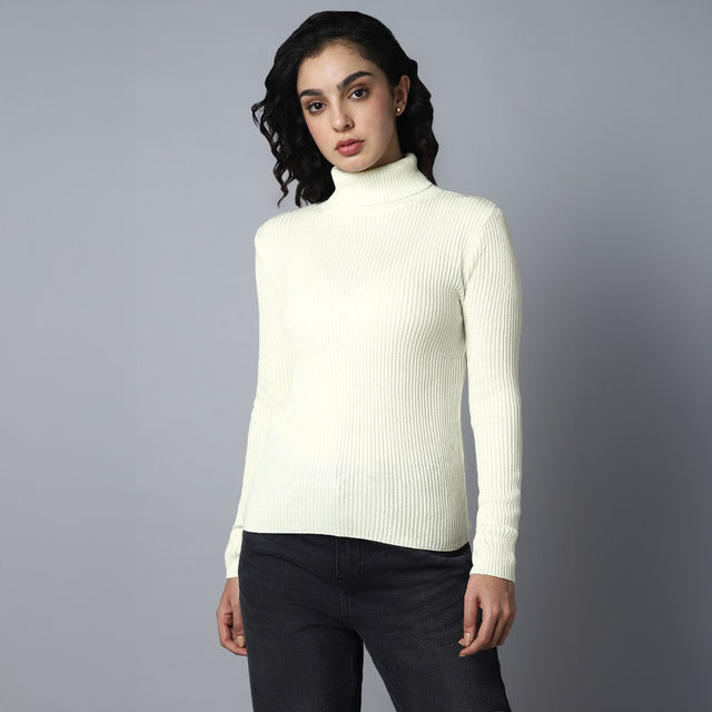 High Star Women's Ribbed Turtle Neck Long Sleeves Acrylic Pullover