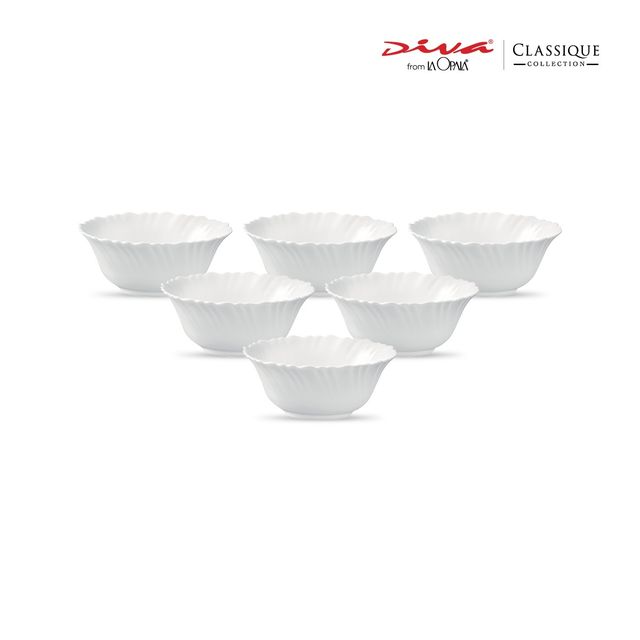 La Opala Diva Classique Veg Bowl Set of 6 | Opal Glass Bowl for Dining & Gifting - White