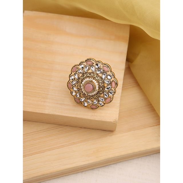 Aatmana Gold-Plated Pink Kundan-Studded & beaded Adjustable Traditional Finger Ring