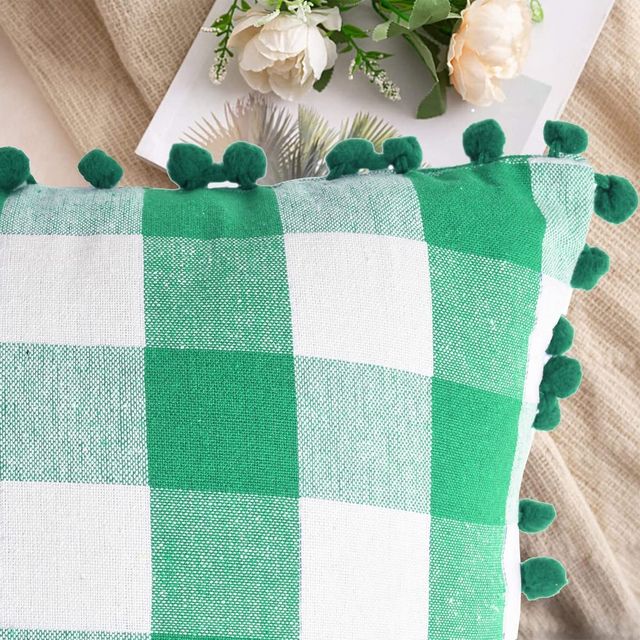 Lushomes Cotton Cushion Covers - Green/White Checks | 16 x 16 inch | Pom Pom