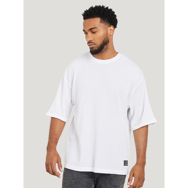 Styli Men's Waffle Knit Oversized T-shirt with Turn Up Sleeve | White - XL