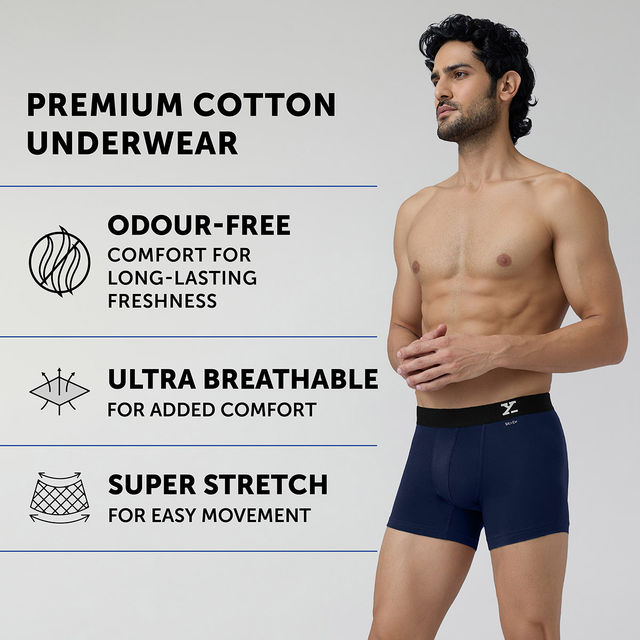 XYXX Aero Intellifresh Combed Cotton Solid Trunk | Men's Innerwear | Pack of 2 | Navy+Grey- M