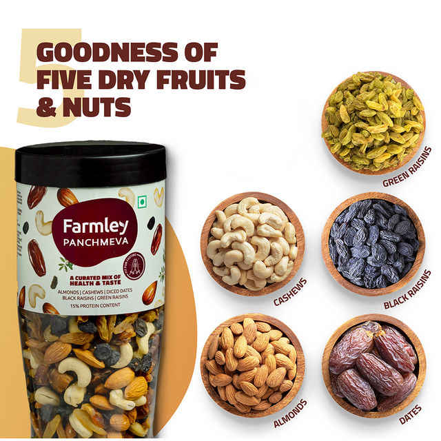 Farmley Mix Dry Fruits Panchmeva - Almonds, Cashews, Dates, Black Raisins, Green Raisins