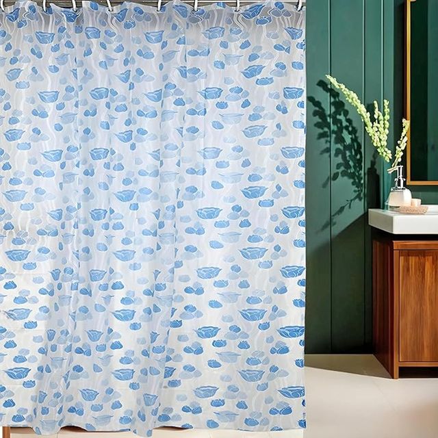 Kuber Industries PVC Floral Shower Curtain with Hooks | Size Standard (Blue) | Washable | Pack of 1